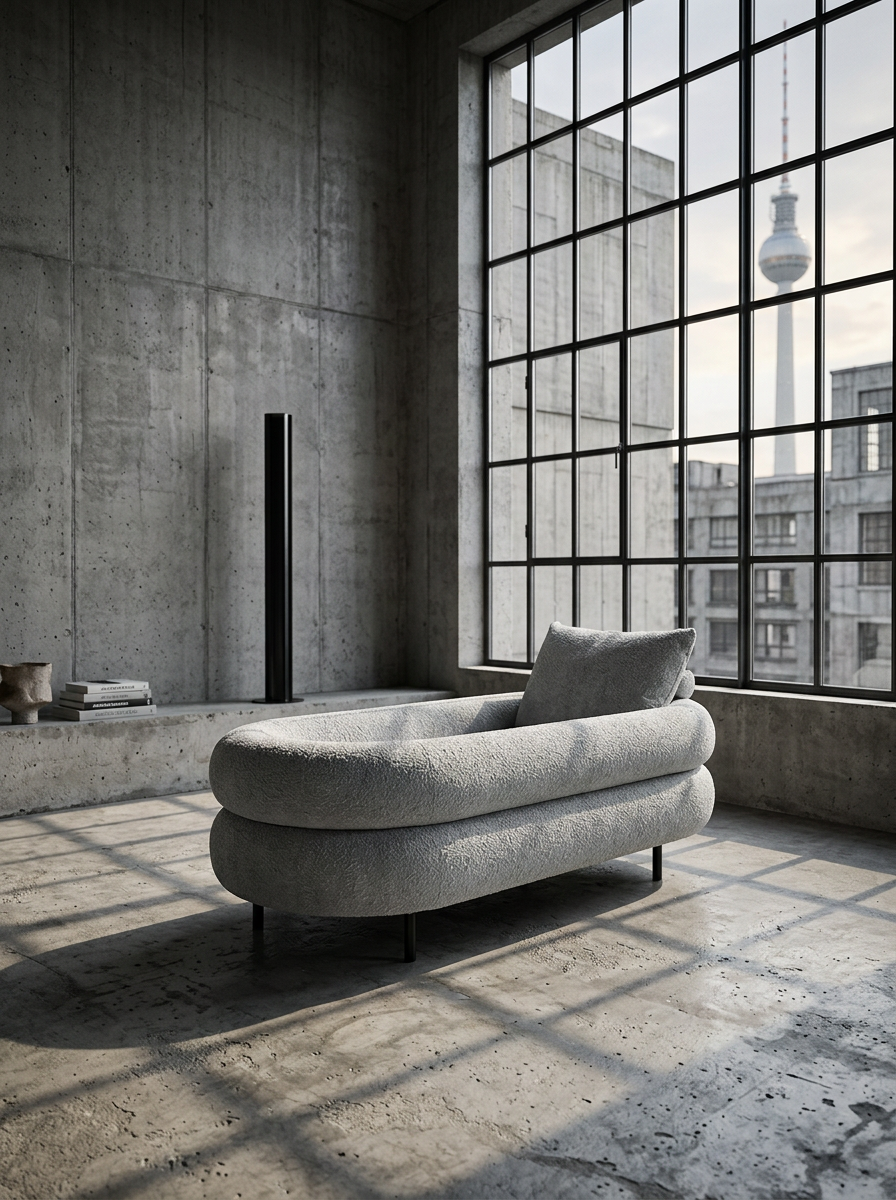 Bouclé daybed in a concrete loft with tall windows