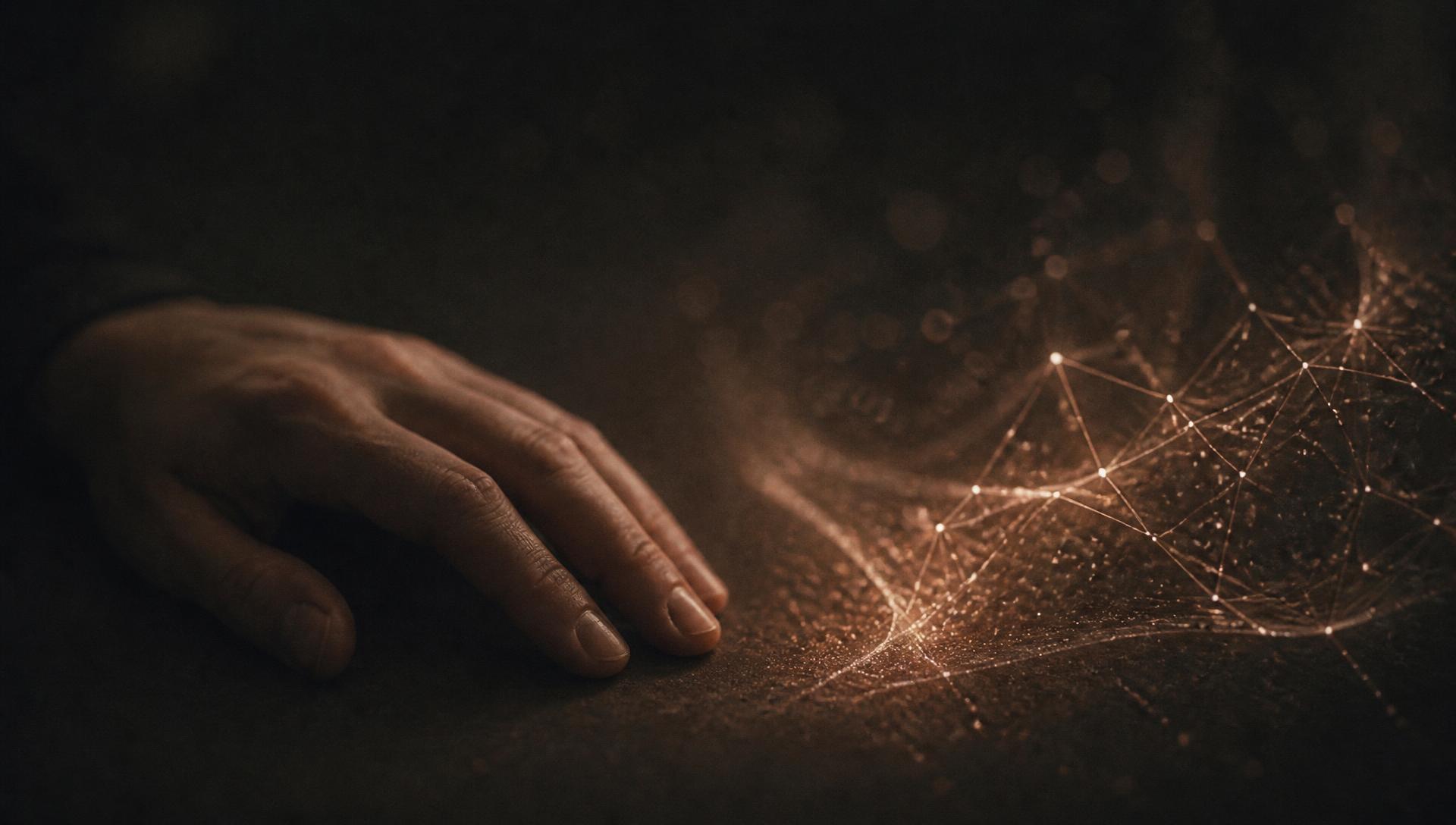 A human hand beside a soft glowing field of light particles and fine geometric lines